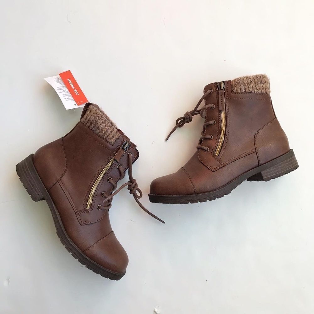 Joe Fresh NWT brown faux leather/zipper lace up boots size 2 youth